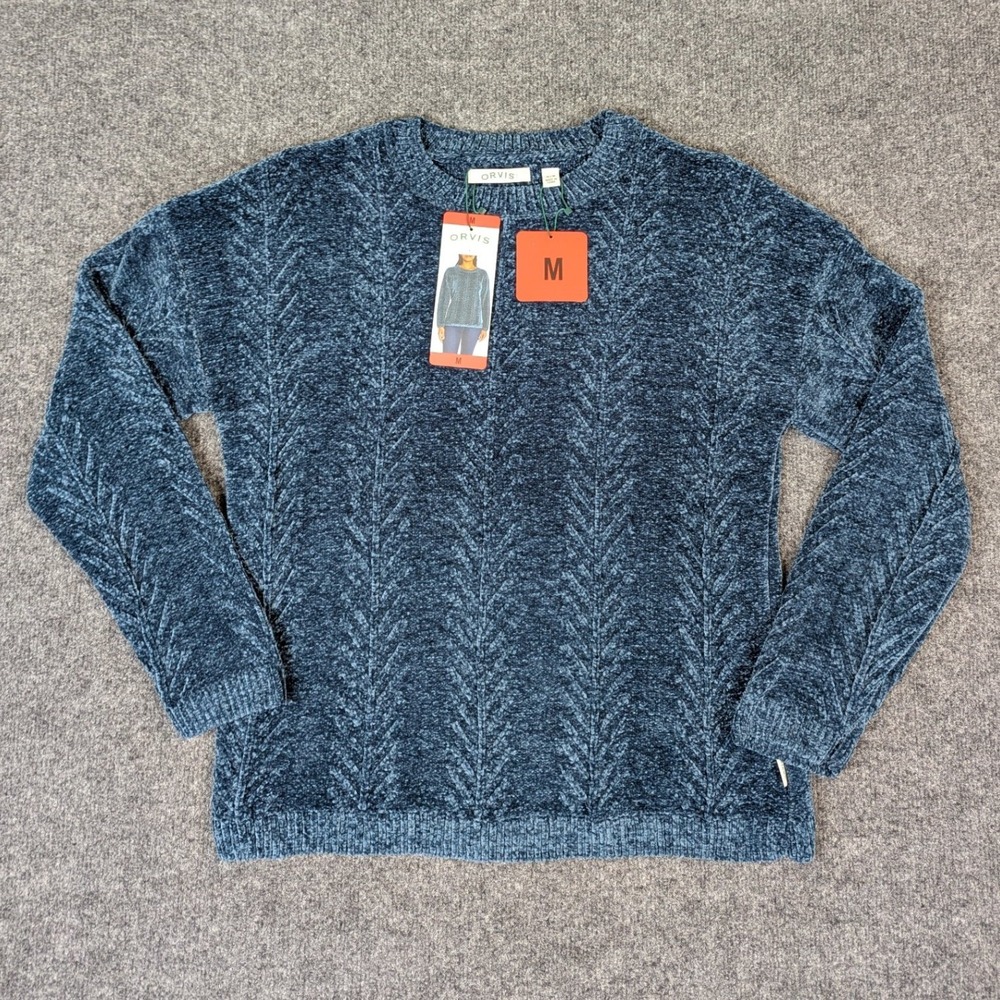 WOmens Orvis Casual Fall Medium Blue Chenille Soft Knit Blue Sweater Long Sleeve